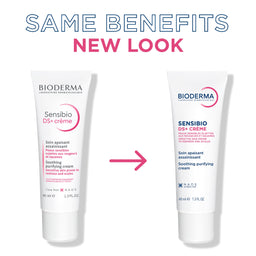 Two Bioderma Sensibio DS+ Crème tubes with an 'Same Benefits, New Look' text on a white background.