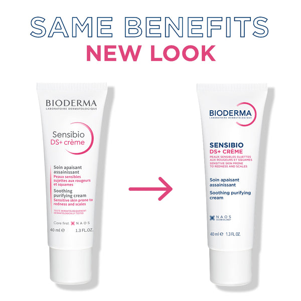 Two Bioderma Sensibio DS+ Crème tubes with an 'Same Benefits, New Look' text on a white background.