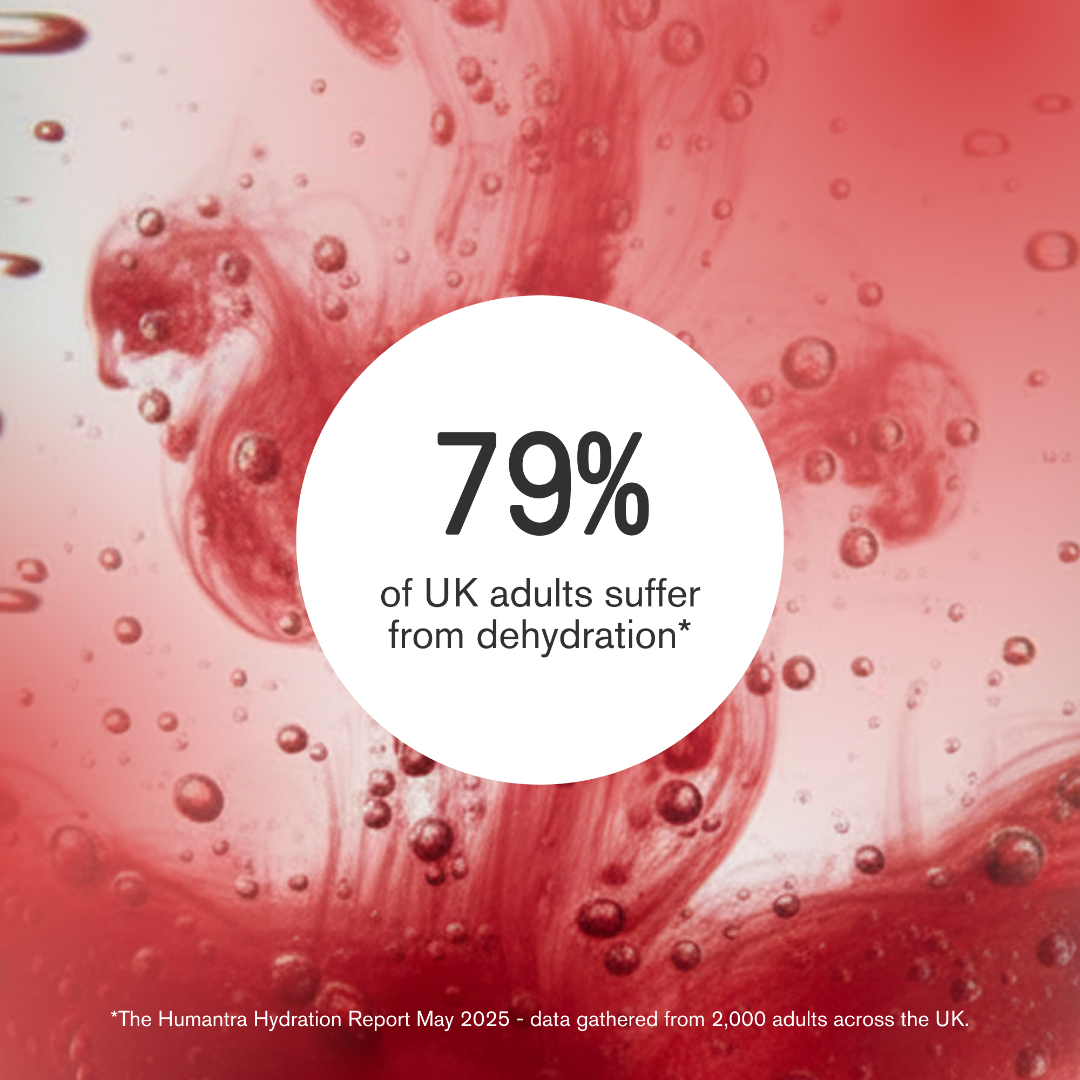 Red liquid with bubbles and text overlay about dehydration statistics.
