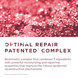 Promotional graphic for Optimal Repair Patented Complex, featuring a close-up of a pinkish-red textured gel or serum at the top and descriptive text on a white background below.