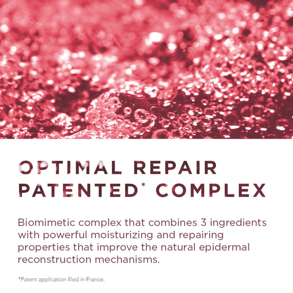 Promotional graphic for Optimal Repair Patented Complex, featuring a close-up of a pinkish-red textured gel or serum at the top and descriptive text on a white background below.