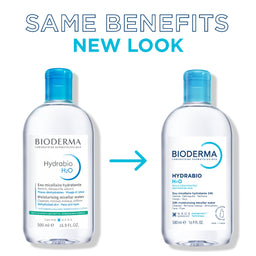 Two clear plastic bottles of BIODERMA Hydrabio H2O micellar water with blue caps are shown side by side on a white background, with the headline 'SAME BENEFITS NEW LOOK' above and a blue arrow between the bottles.