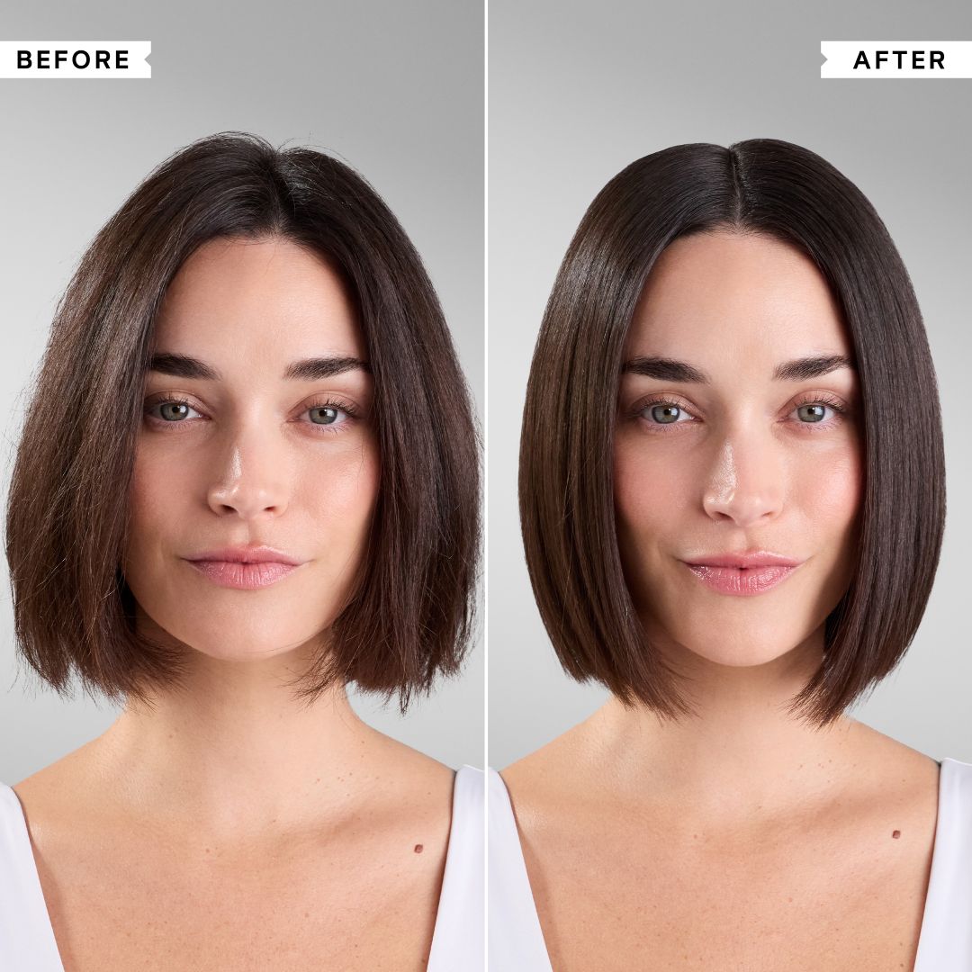 Before-and-after comparison of a woman's shoulder-length dark brown bob haircut, showing the natural textured look on the left and the smoother, more styled finish on the right.