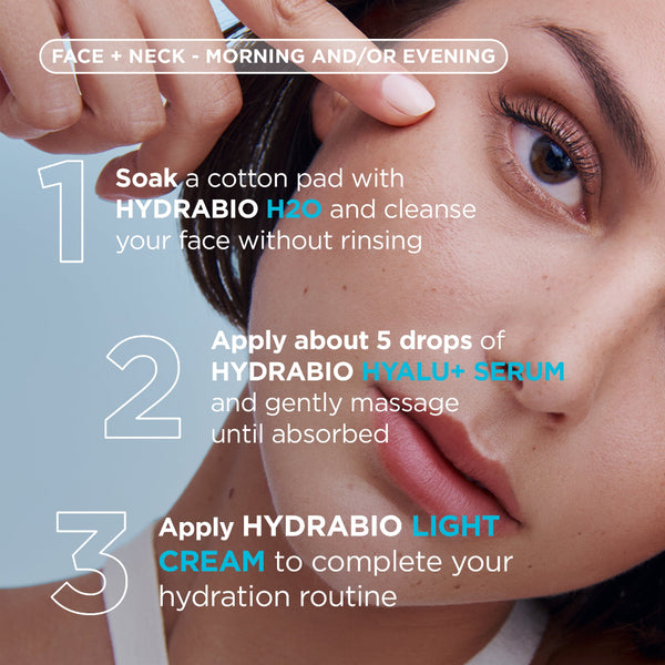 Close-up of a woman's face with overlaid skincare instructions for HYDRABIO, showing steps to cleanse with a cotton pad, apply HYDRABIO HYALU+ SERUM, and apply HYDRABIO LIGHT CREAM.