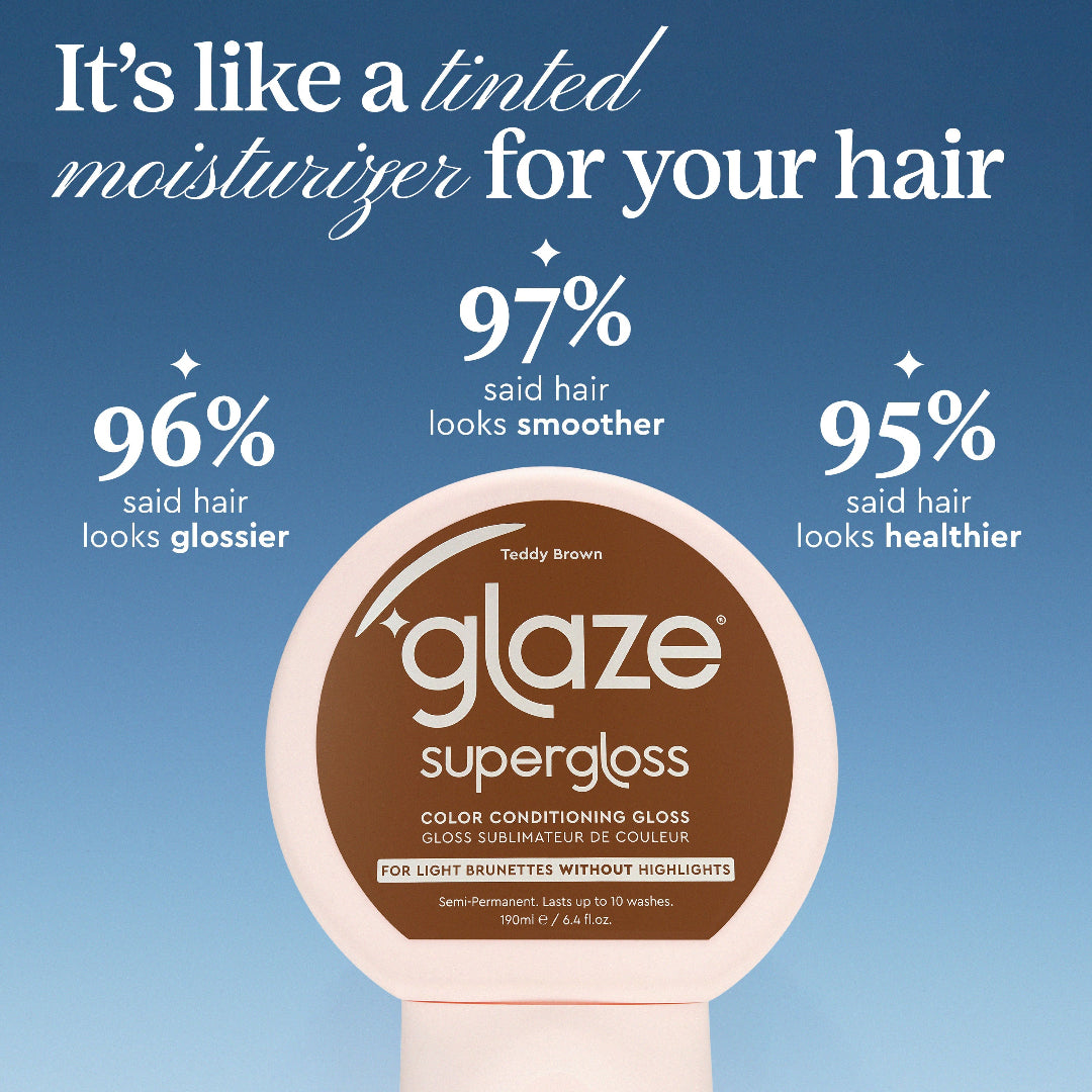 Teddy Brown Glaze Supergloss hair gloss with customer satisfaction statistics on a blue background