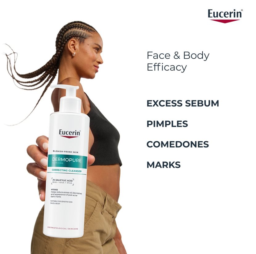 Eucerin Dermopure product with a woman holding it, on a white background