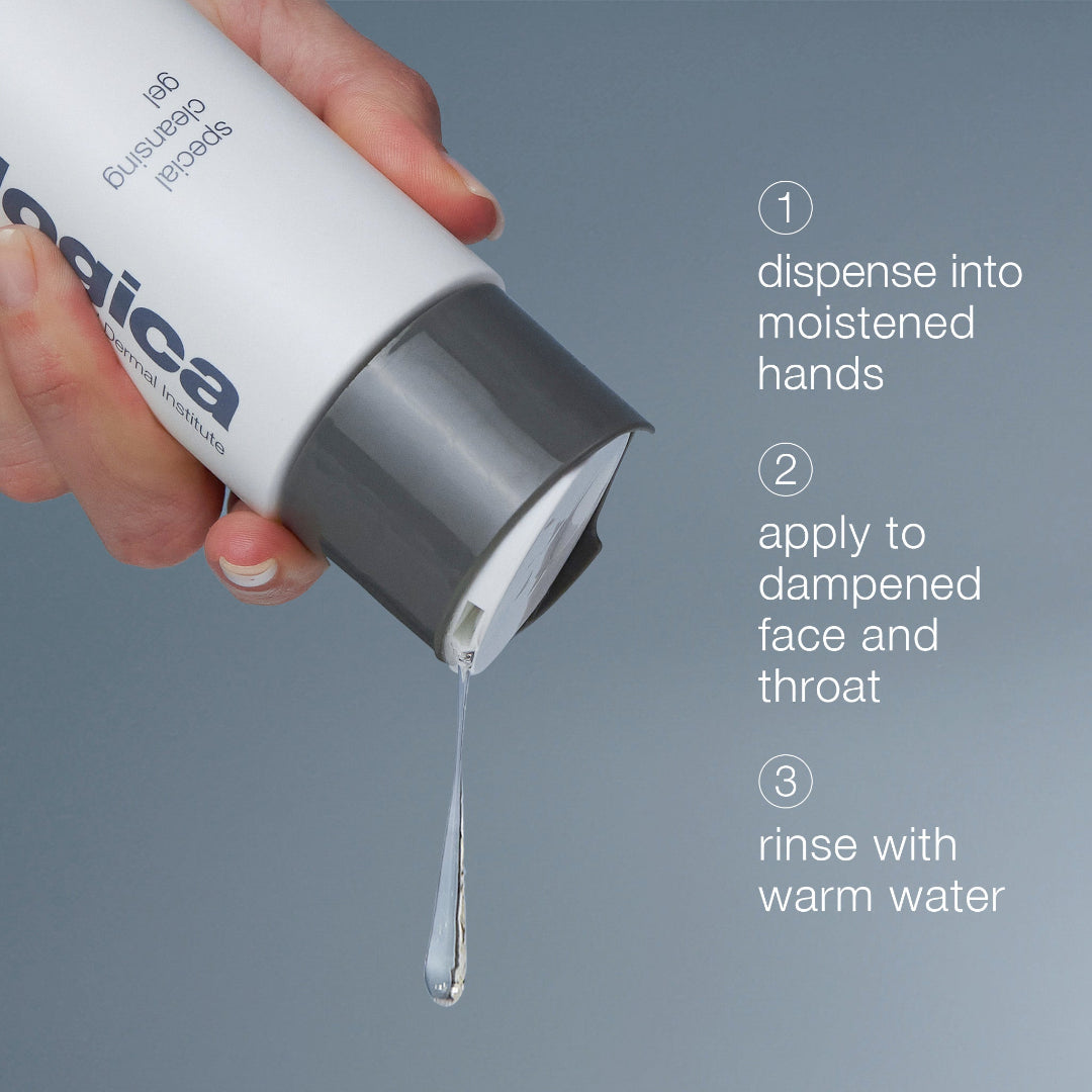 Hand holding a bottle of 'Logica' skincare product with usage instructions on a gray background