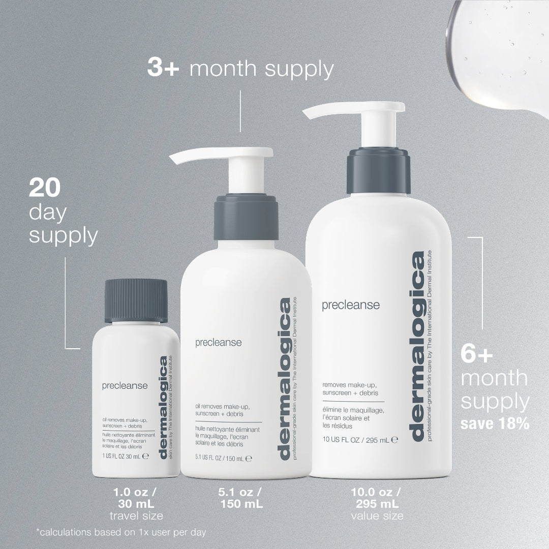 Dermalogica skincare products with labeled supply quantities on a gray background