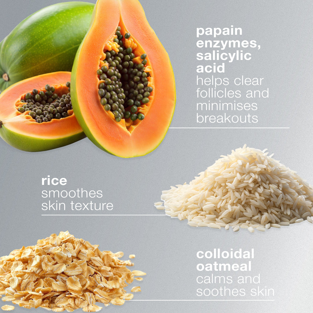 Papaya, rice, and colloidal oatmeal with text on a gray background