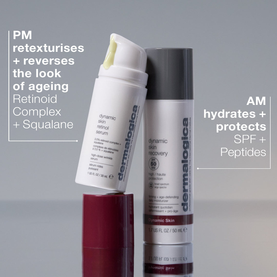 Two skincare products from Dermalogica on a gray background with text describing their functions.