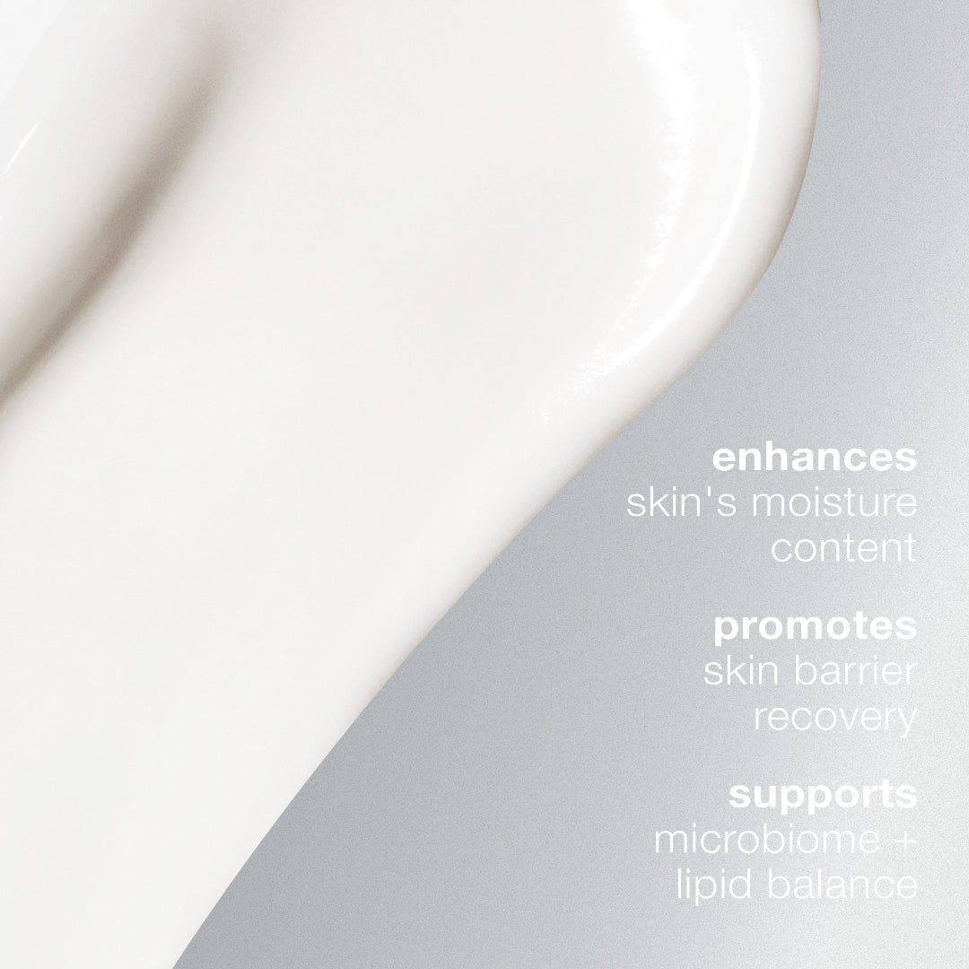 Product container with text highlighting benefits on a gray background