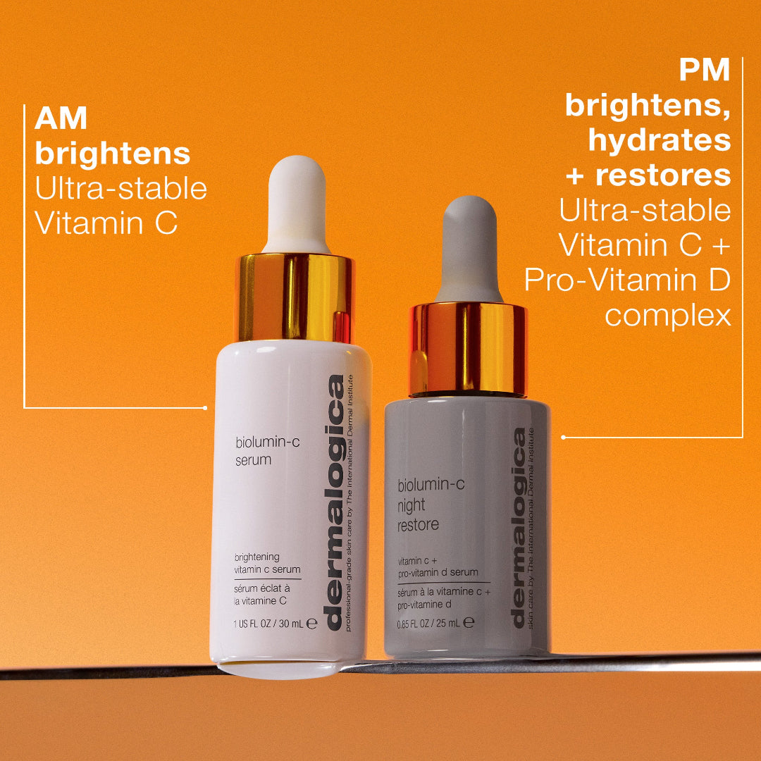 Two skincare serum bottles with text on an orange background