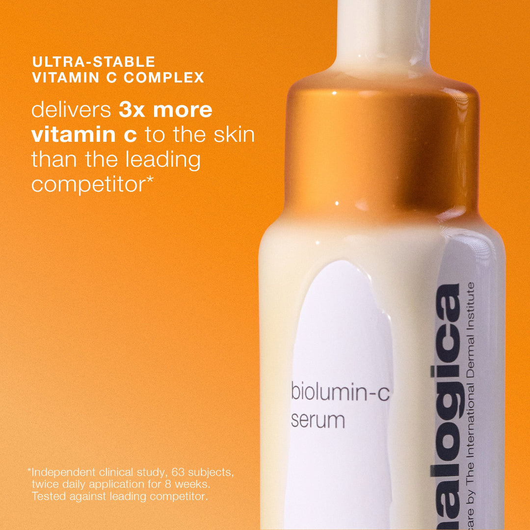 Biologica biolumin-c serum bottle with text on an orange background