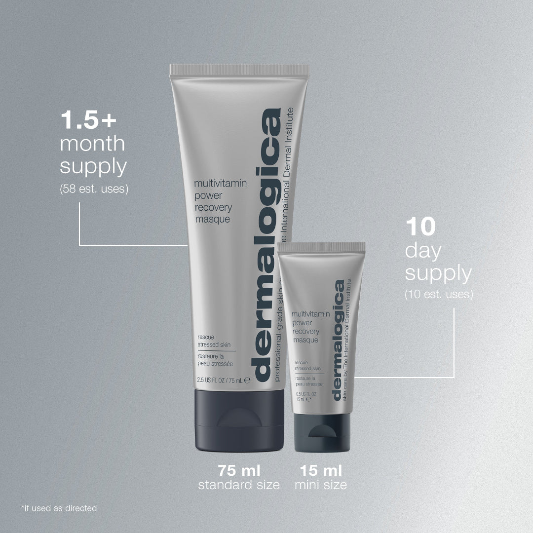 Two Dermalogica skincare products on a gray background with text indicating usage and size.
