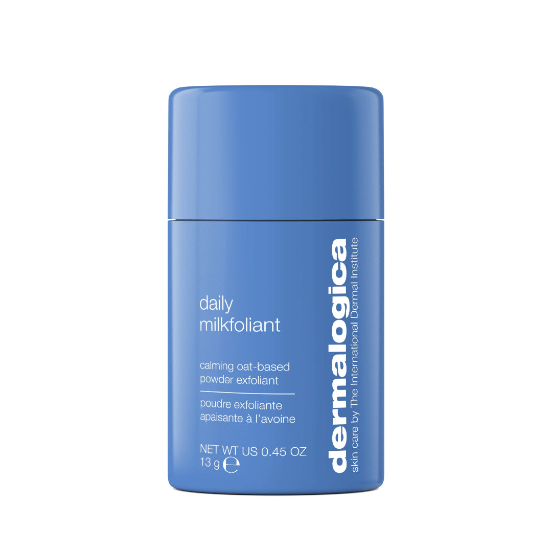 Blue container of Dermalogica daily milkfoliant on a white background
