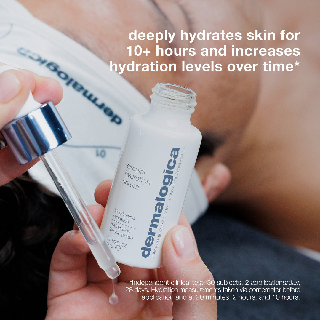 Dermalogica circular hydration serum with a dropper being held, set against a blurred background.