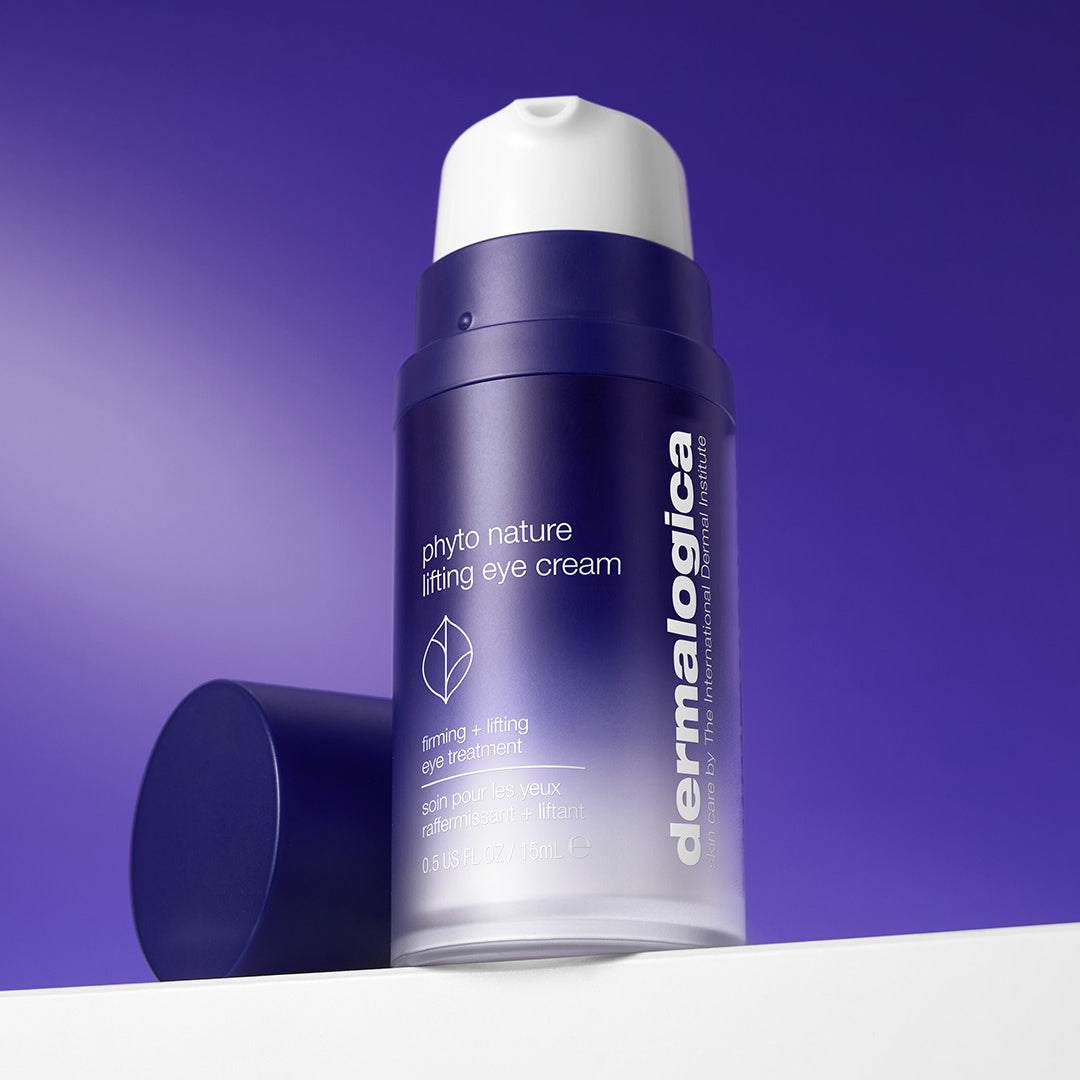 Dermalogica eye cream bottle on a purple background