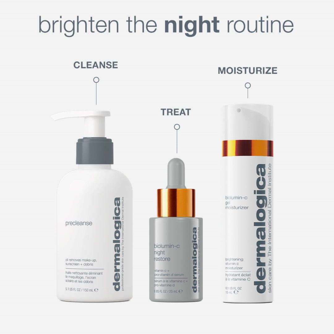 Dermalogica skincare products with labels for cleanse, treat, and moisturize on a white background.