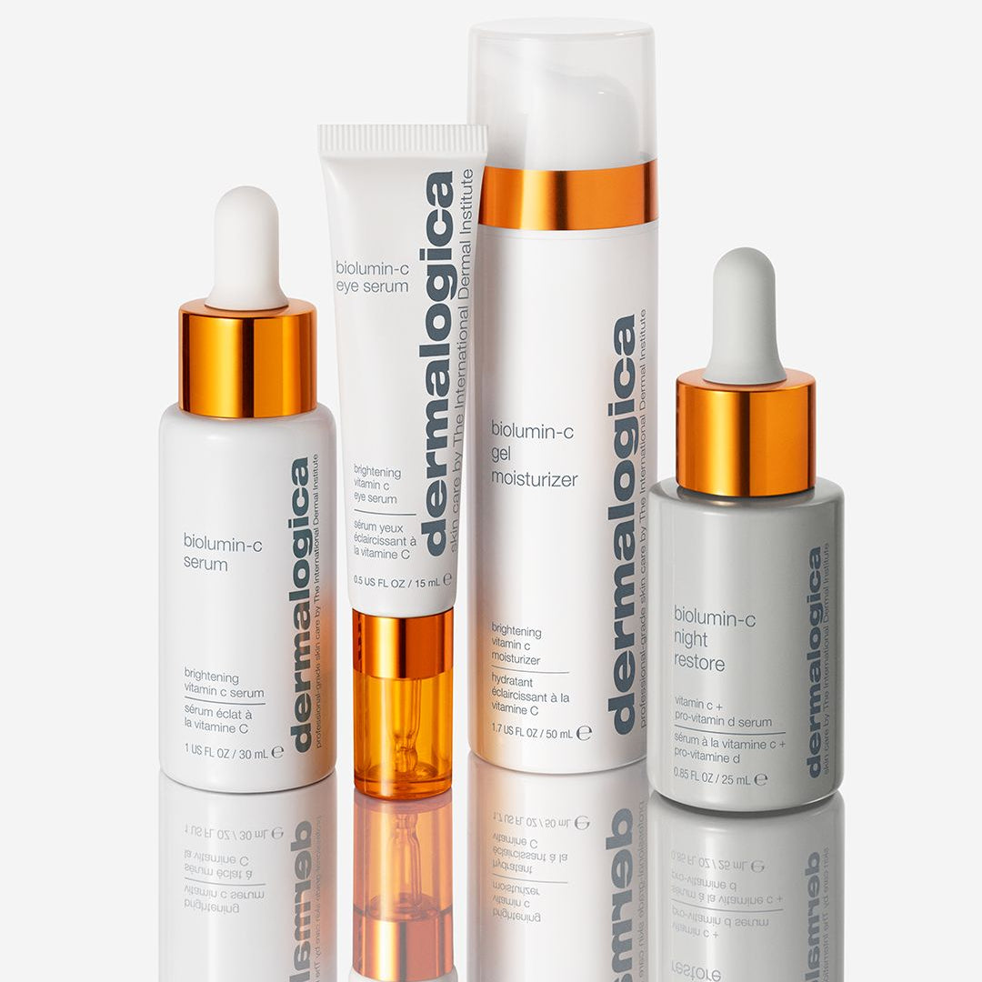 Dermalogica skincare products including bottles and tubes on a white background