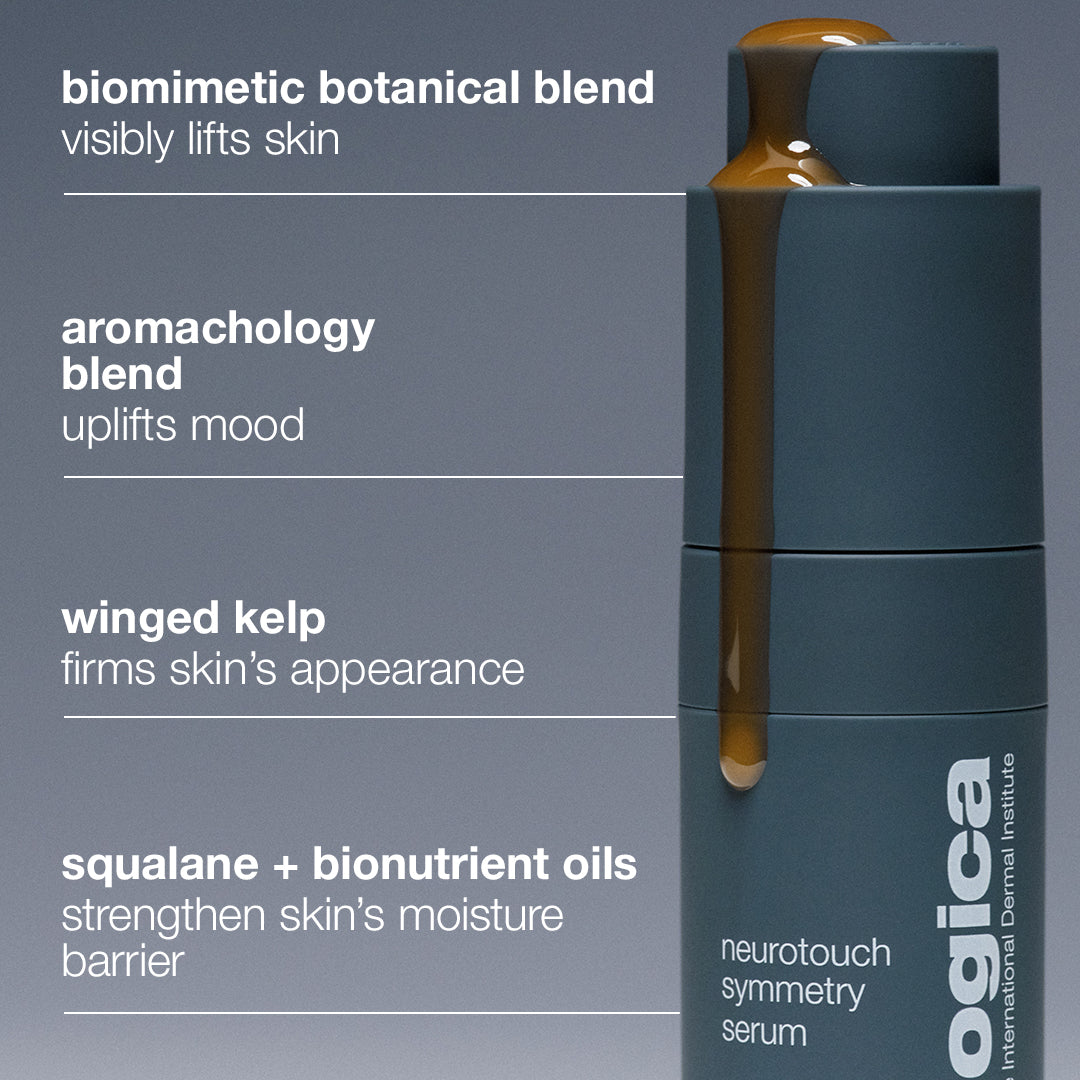 Neutrogena neurotouch symmetry serum with text detailing benefits on a gray background