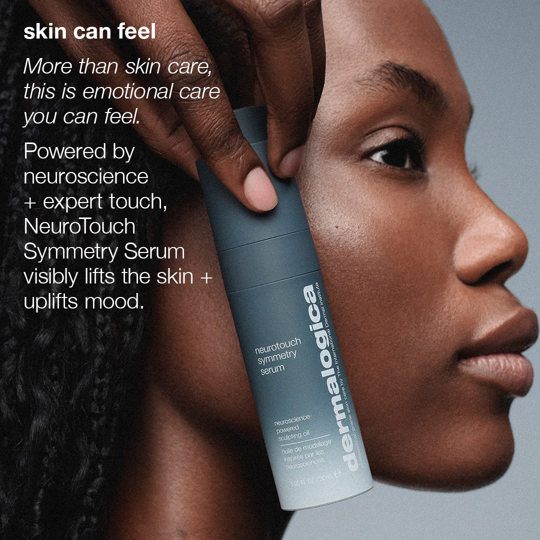 Dermalogica NeuroTouch Symmetry Serum with a close-up of a person's face, emphasizing emotional care.