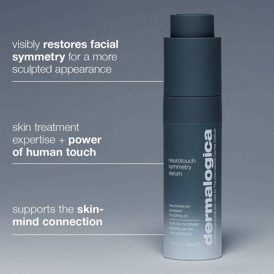 Dermalogica neurotouch symmetry serum bottle on a gray background with text about its benefits.
