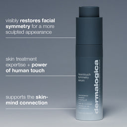 Dermalogica neurotouch symmetry serum bottle on a gray background with text about its benefits.