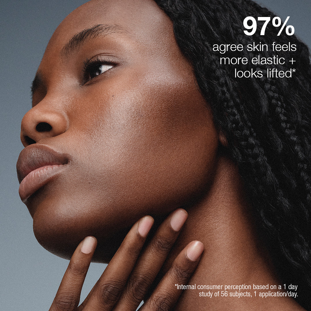 Woman with smooth skin touching her neck, with text about skin elasticity and lifting.