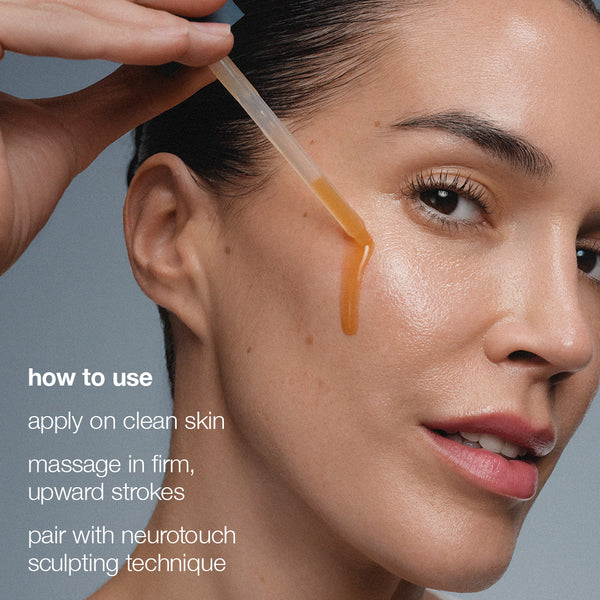 Woman applying a skincare product with text on how to use it.