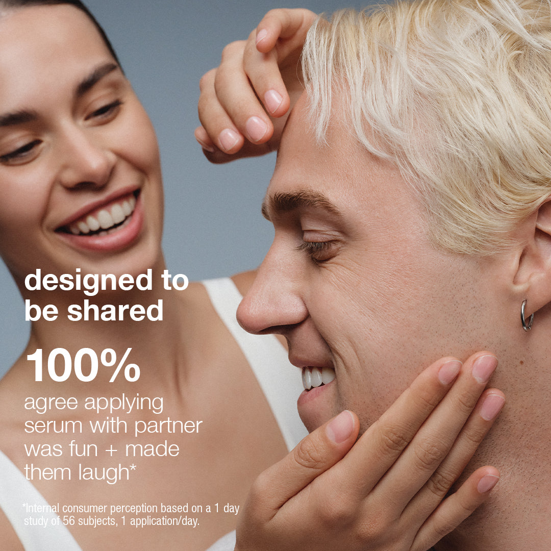 Two people applying serum to each other with a text overlay about shared experiences.