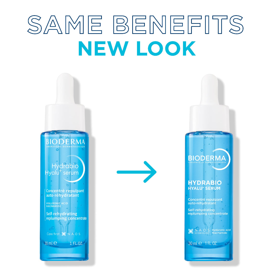 Two Bioderma Hydrabio Hyalu serum dropper bottles shown side by side on a white background, with large text reading 'SAME BENEFITS NEW LOOK' above and a blue arrow between the bottles indicating the new look.