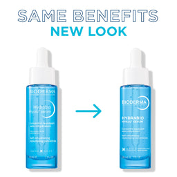 Two Bioderma Hydrabio Hyalu serum dropper bottles shown side by side on a white background, with large text reading 'SAME BENEFITS NEW LOOK' above and a blue arrow between the bottles indicating the new look.