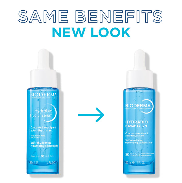 Two Bioderma Hydrabio Hyalu serum dropper bottles shown side by side on a white background, with large text reading 'SAME BENEFITS NEW LOOK' above and a blue arrow between the bottles indicating the new look.