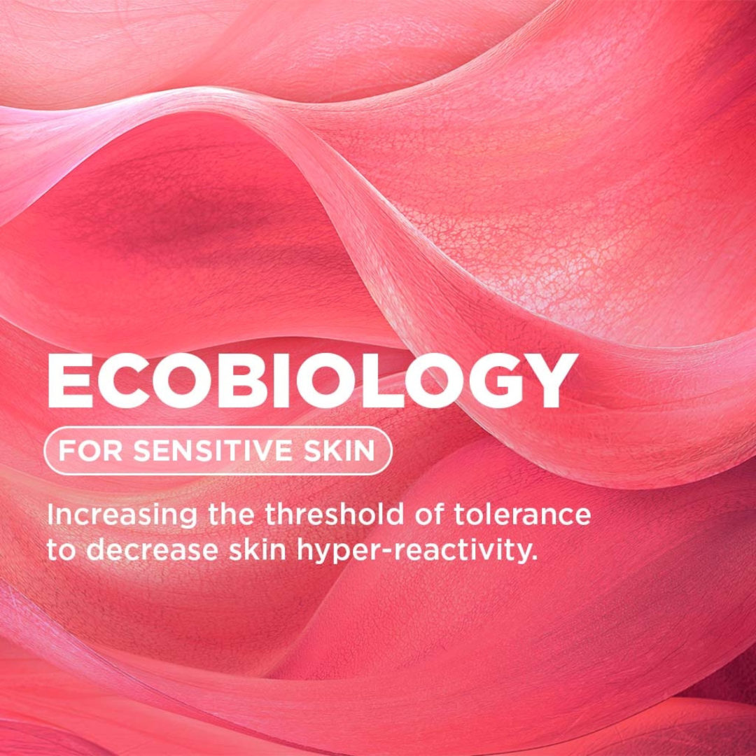 Ecobiology product for sensitive skin with pink and red abstract design