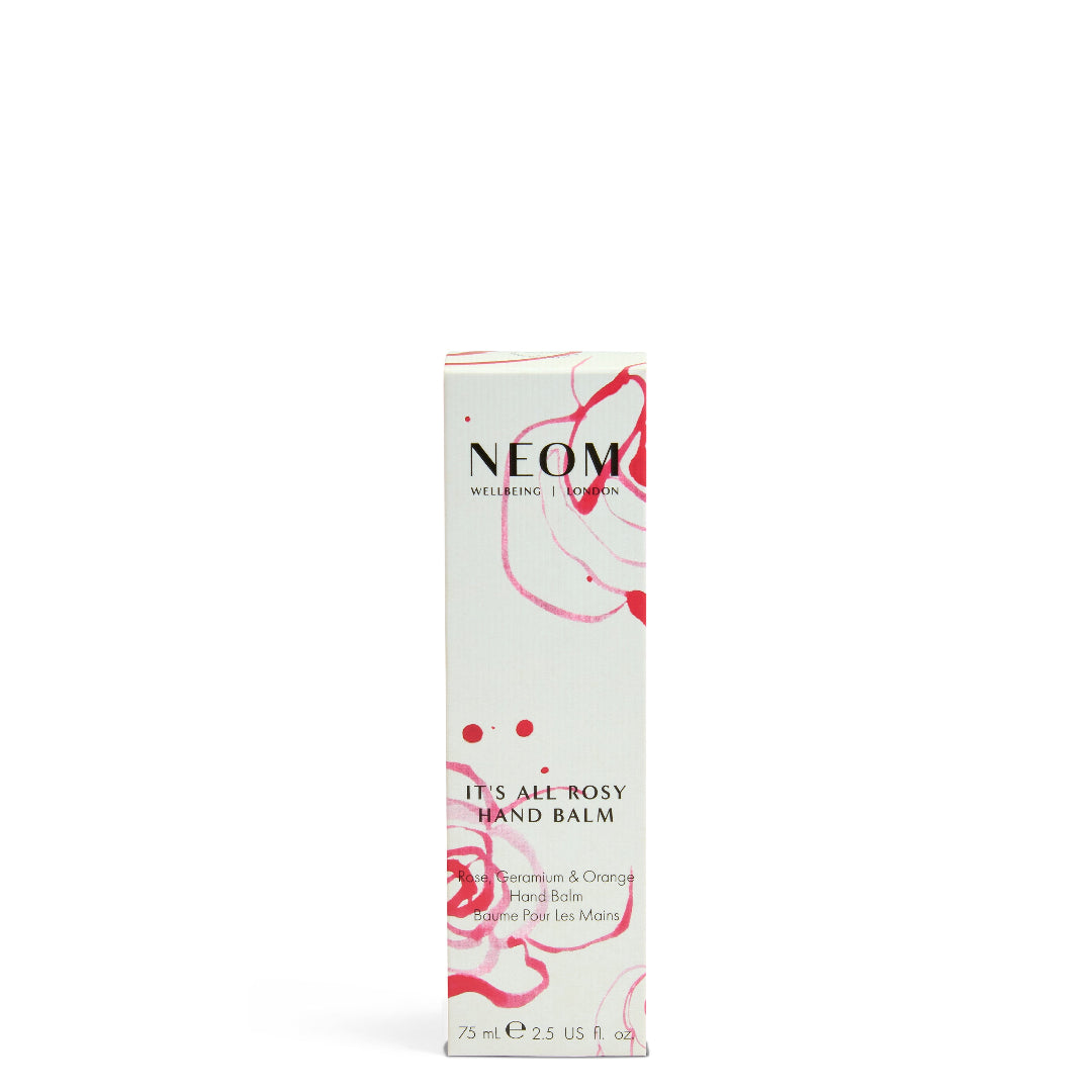 Neom hand balm packaging with floral design on a white background