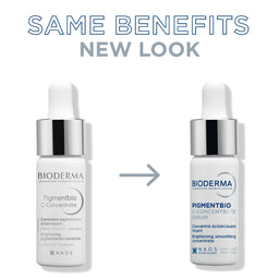 Two white Bioderma skincare dropper bottles shown side by side on a white background, with large text reading 'SAME BENEFITS NEW LOOK' above and a gray arrow between the bottles. The left bottle is labeled 'Pigmentbio C-Concentrate' and the right bottle is labeled 'PIGMENTBIO CONCENTRATE SERUM'.