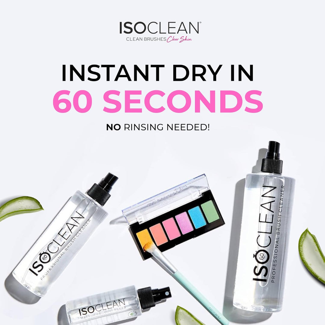 ISO CLEAN cleaning products with a makeup palette on a white background