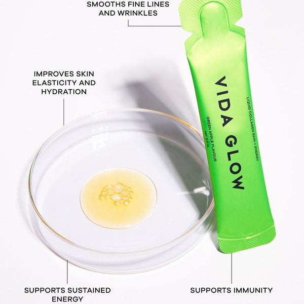 Vida Glow skincare product with benefits listed on a white background