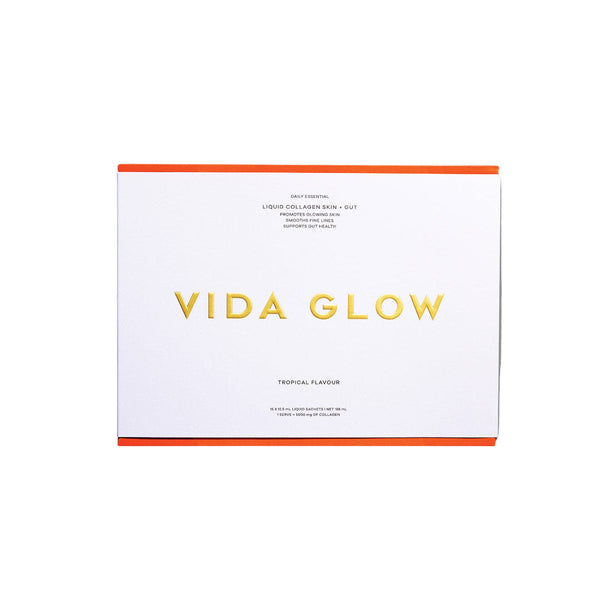 Vida Glow product packaging on a light gray background
