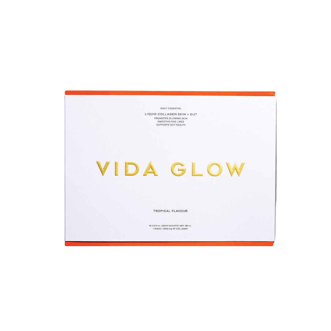 Vida Glow product packaging on a light gray background