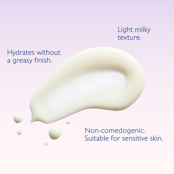 A cream-colored cosmetic smear on a pale pink background with text describing its light Milky texture, hydrating properties, and non-comedogenic quality.