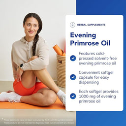 Woman sitting on a yoga mat with an advertisement for evening primrose oil supplements.
