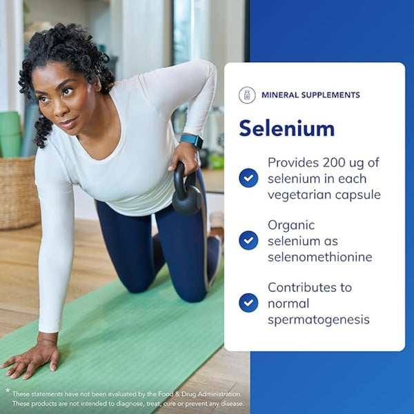 A woman in athletic wear kneels on a yoga mat holding a kettlebell in a bright indoor space, next to a blue and white informational panel about selenium mineral supplements.