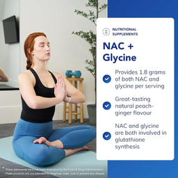 Woman in yoga pose with NAC + Glycine supplement information overlay