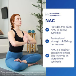 A woman in a black tank top and blue leggings sits cross-legged on a yoga mat in a home gym setting, with a large informational panel on the right detailing the benefits of NAC dietary supplement.