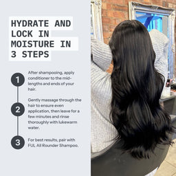 Hair care instructions with a person getting a haircut in the background