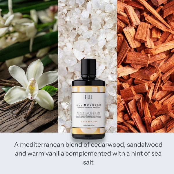 Ful All Rounder shampoo bottle surrounded by sandalwood, cedarwood, and vanilla elements.