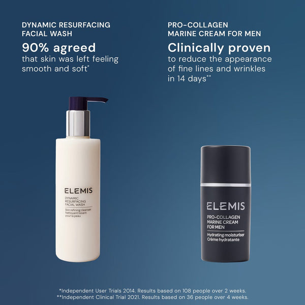 ELEMIS Dynamic Resurfacing Facial Wash and Pro-Collagen Marine Cream for Men on a blue background