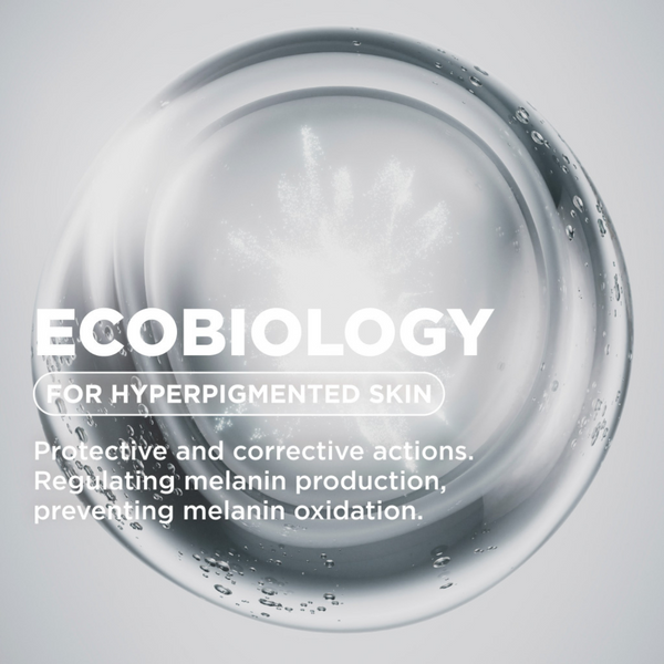 A clear, glossy circular gel or droplet on a light gray background with white text reading 'ECOBIOLOGY FOR HYPERPIGMENTED SKIN' and smaller descriptive copy below.