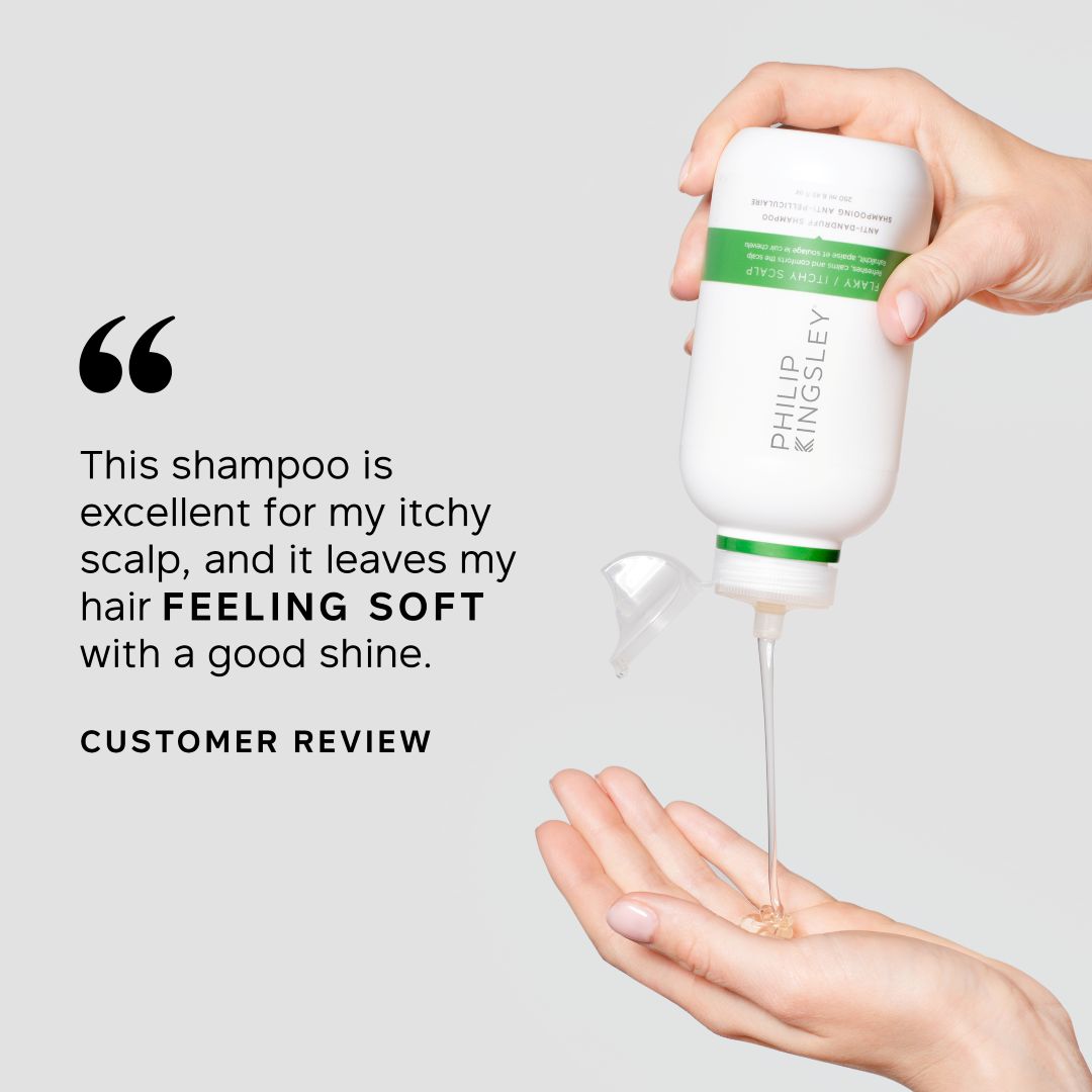 A hand holds a bottle of Philip Kingsley shampoo while another hand receives the clear shampoo gel. The left side features a customer review quote on a light gray background.